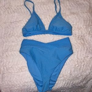 Aerie Blue Textured Cross-Waistband Triangle Bikini (M/L)